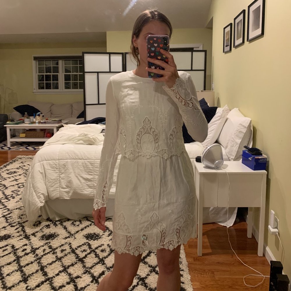 Romantic Boho Long Sleeve White Lace Cotton Dress With Open Back
